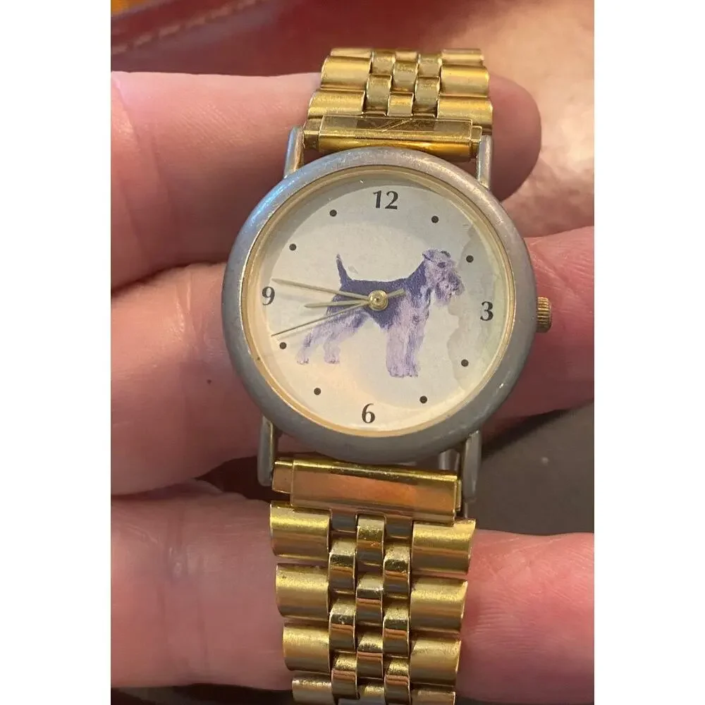 Women's 30mm Metal Tone Wire Fox Terrier, Gold Tone Band
